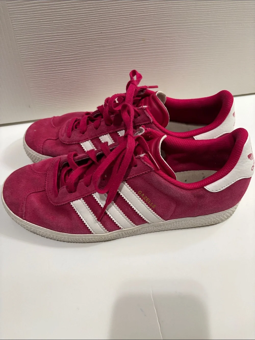 adidas Men’s Fuchsia Suede Gazelle Sneakers with White Stripes